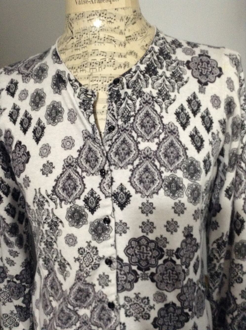 Foxcroft Women L Cardigan Sweater Black White Damask Medallion Tile Print Button